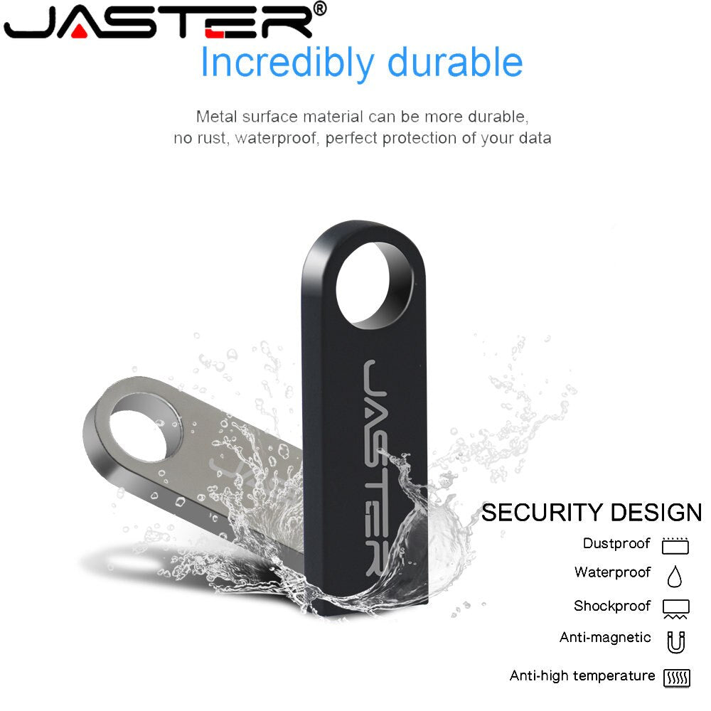 JASTER USB 2.0 Flash Drives Metal 64GB Free logo Black 32GB Pen drive 16GB Memory stick Free key chain U disk 8GB 4GB For Laptop