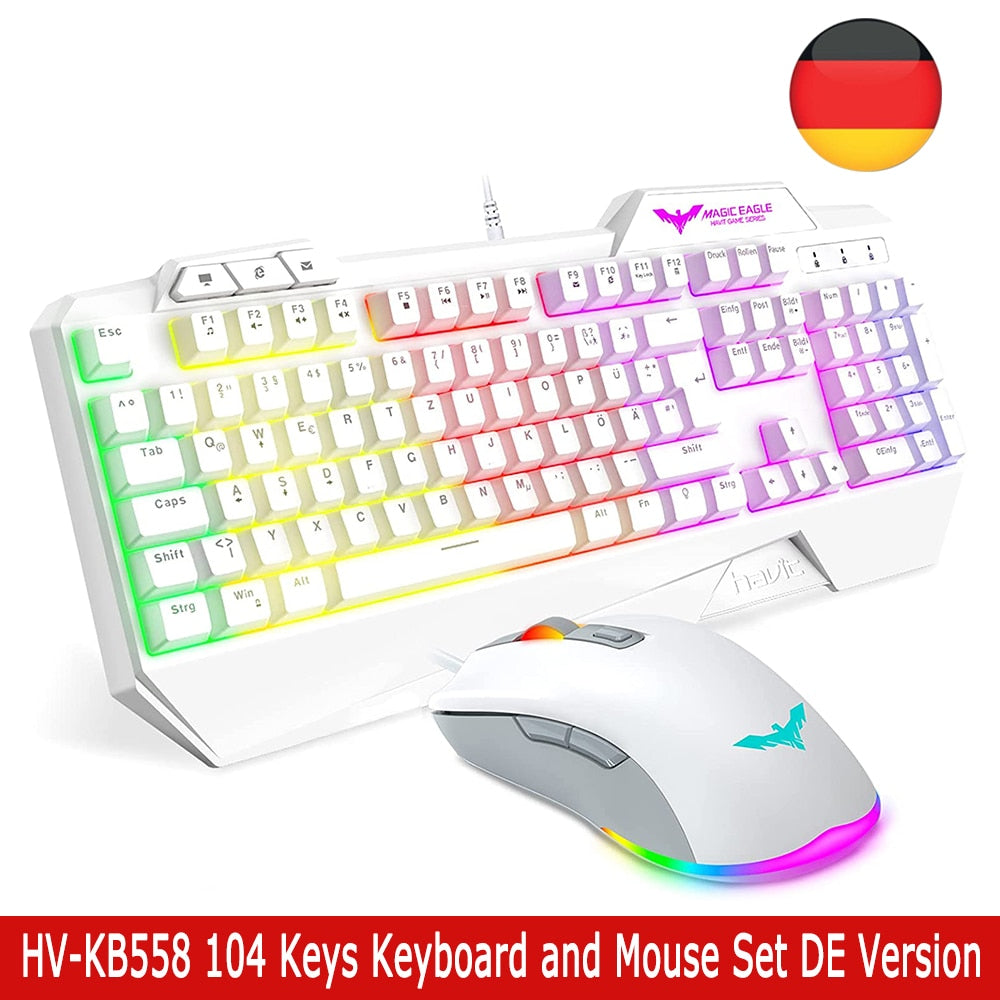 HAVIT KB558 Wired Gaming Keyboard Mouse Kit RGB Backlight 104 Keys with Wrist Rest US UK German Layout Keyboard For PC Laptop