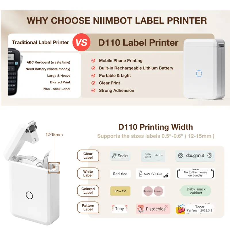 Niimbot D110 Portable Pocket Label Printer / Bluetooth Wireless Handheld Mini Thermal Label/Price Printer For Office/Home/Store