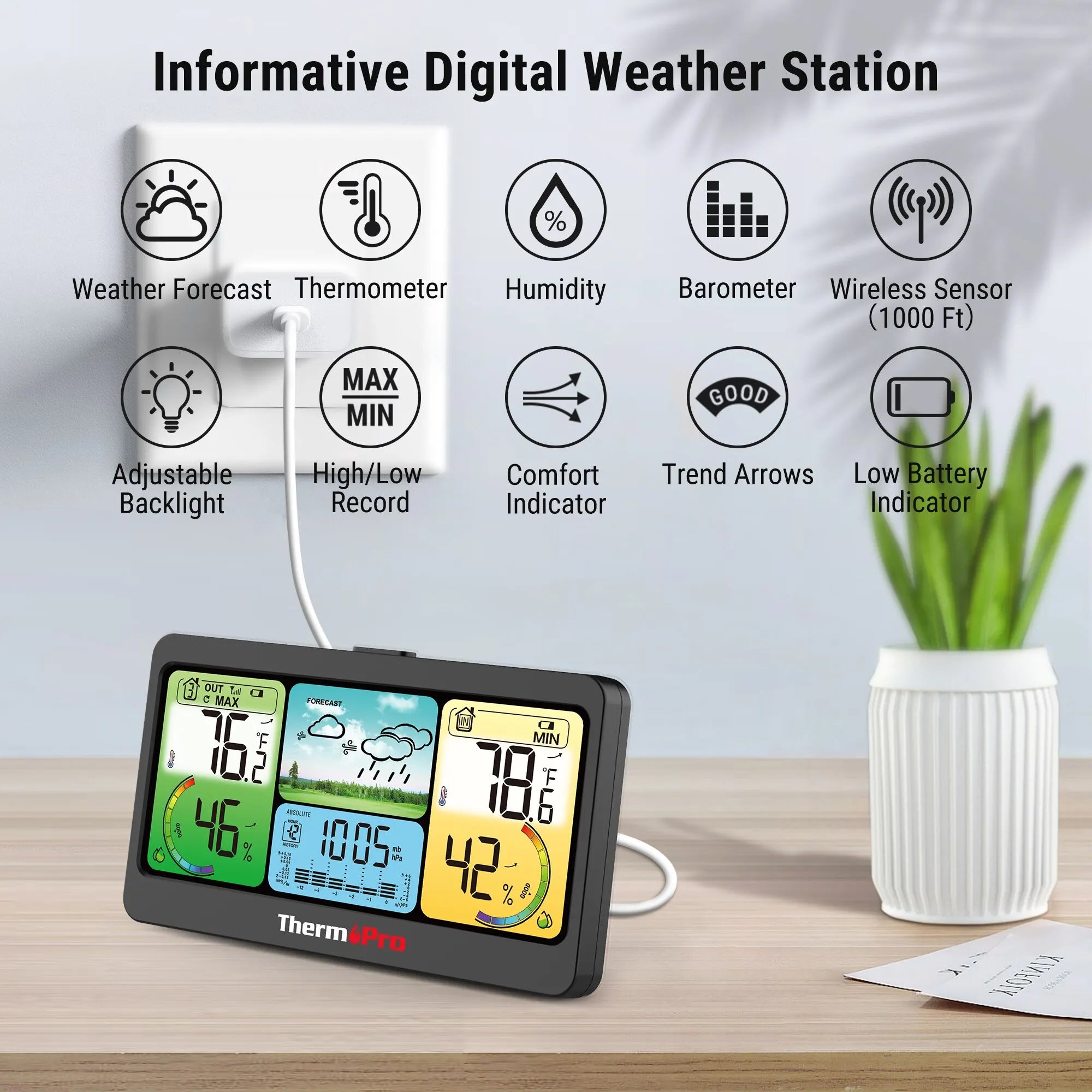 ThermoPro TP280C Wireless 300M Remote Range Chargable Large Display Outdoor And Indoor Thermometer Hygrometer