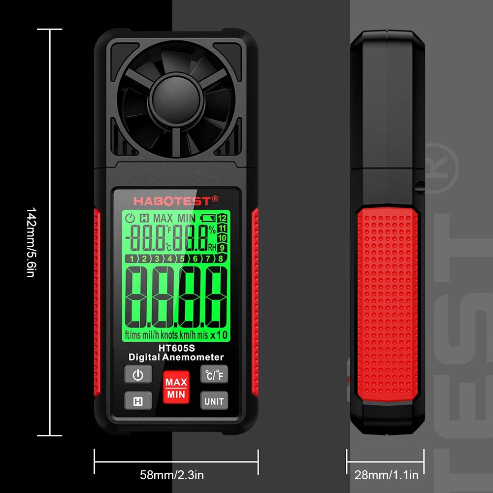 Digital Handheld Anemometer LCD Backlight Display Air Flow Velocity Tester Temperature Humidity Meter for Measuring Wind Speed