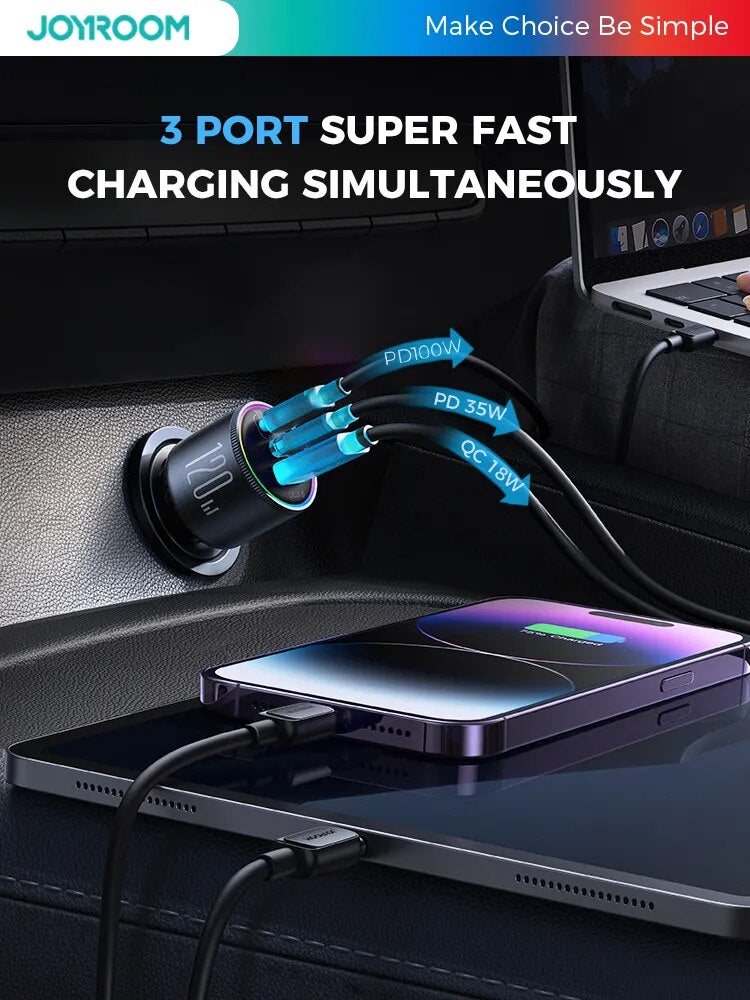 Joyroom 120W Car Charger USB C 3 Port Car Phone Charger Fast Charging Multiple Devices PD 100W&35W QC 3.0/4.0 Cigarette Lighter