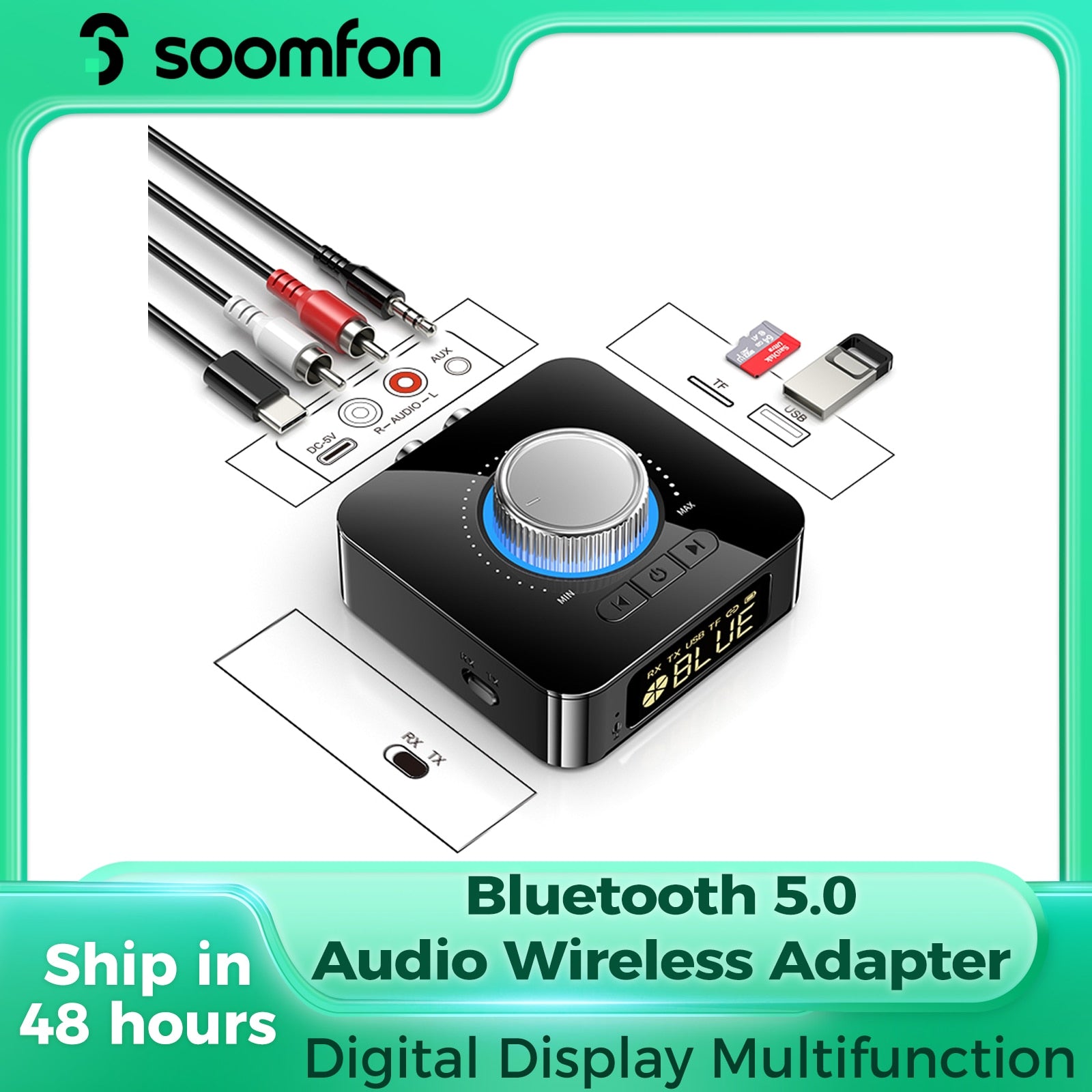 SOOMFON Bluetooth 5.0 Audio Adapter TV 2-in-1 Receiver Transmitter 3.5mm AUX RCA TF/U-Disk Jack Led Display for Home Car Stereo