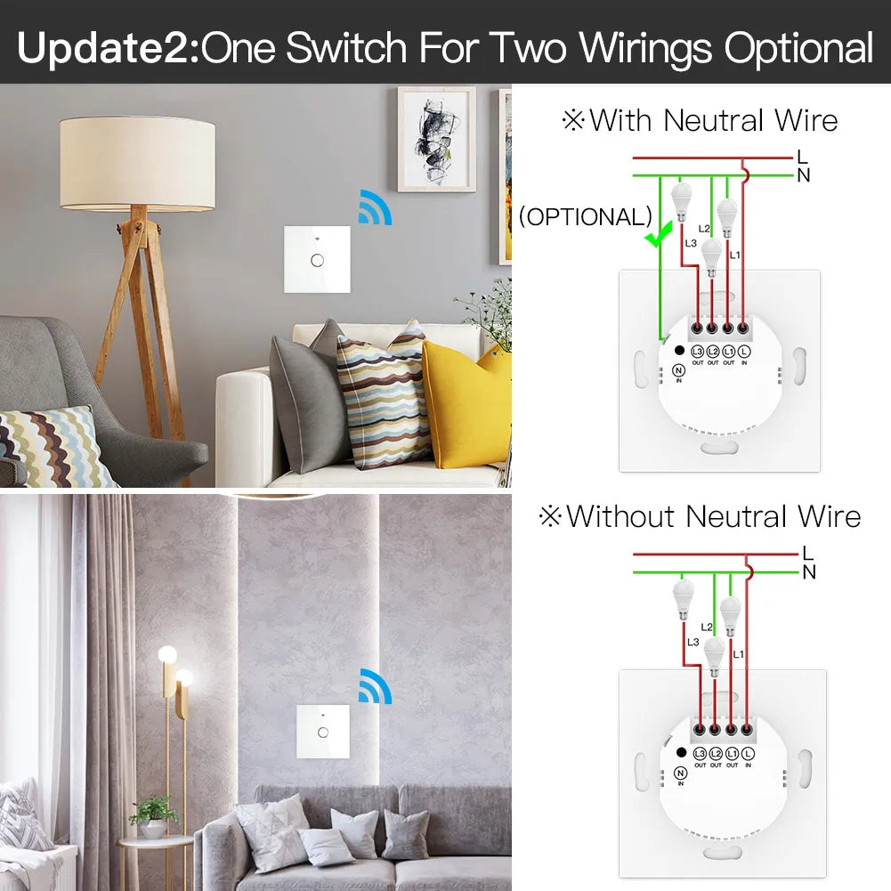 ZigBee Wall Touch Smart Light Switch With Neutral/No Neutral ,No Capacitor Smart Life/Tuya Works with Alexa,Google Hub Required