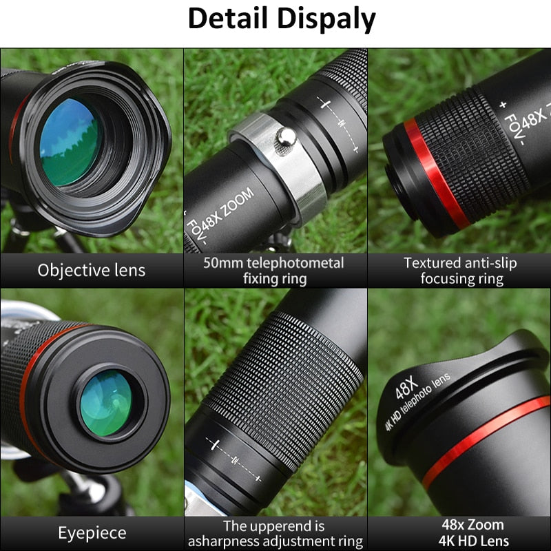 48x Super Telephoto Zoom Mobile Phone Lens Powerful Monocular Metal Telescope Mobile HD Telephoto Lens With Tripod For Camping