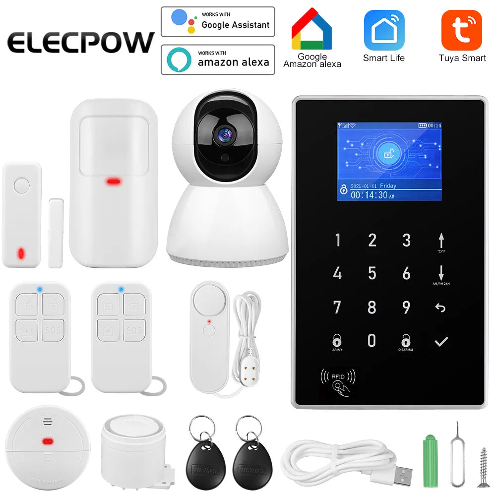 Elecpow Tuya Smart Home WIFI GSM Security Alarm System Wireless Burglar Motion Detector Smoke Door Window Sensor IP Camera