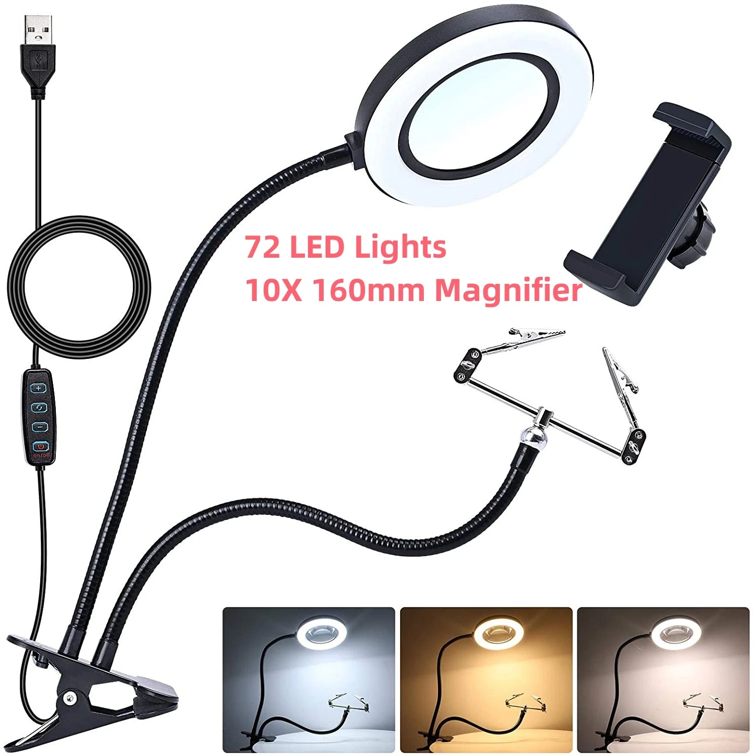 72LED 10X NEW Illuminated Magnifier USB 3 Colors LED Magnifying Glass for Soldering Iron Repair/Table Lamp/Skincare Beauty Tool