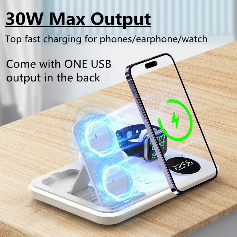 30W 5 In 1 Wireless Charger Stand Light Alarm Clock Fast Charging Station Dock For iPhone 14 13 12 IWatch Samsung Galaxy Watch