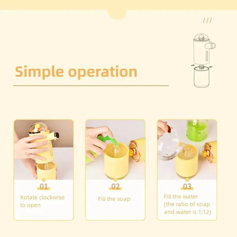 300ml Cute Yellow Duck Automatic Rechargeable Soap Dispenser Foam Cartoon Touchless Hand Sanitizer Bottle ABS Kid Bathroom