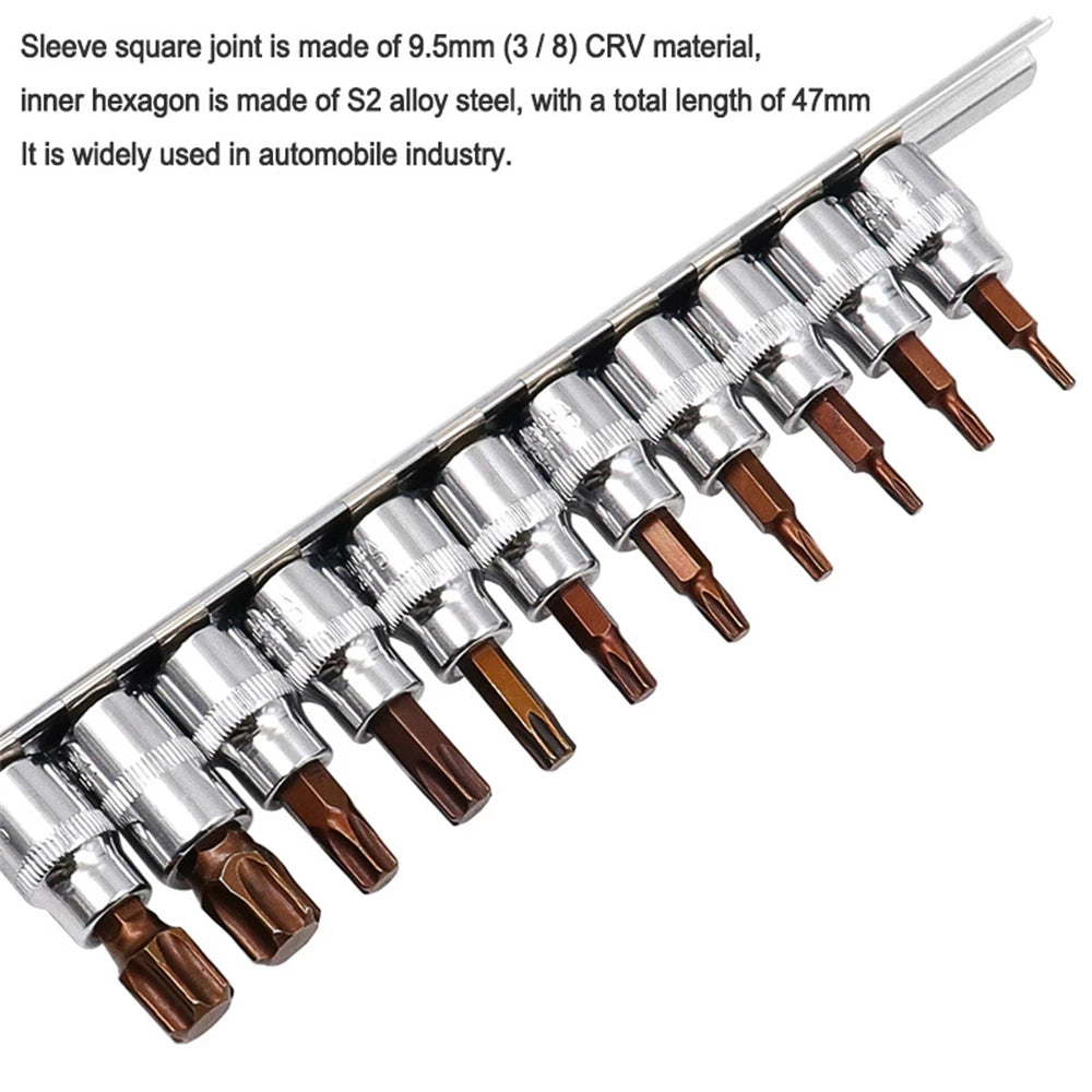 3/8 Torx Screwdriver Bit Key Set With Storage Rack 12pcs S2 Screw Head Impact Socket Tools For Electric Wrench Bicycle Garage
