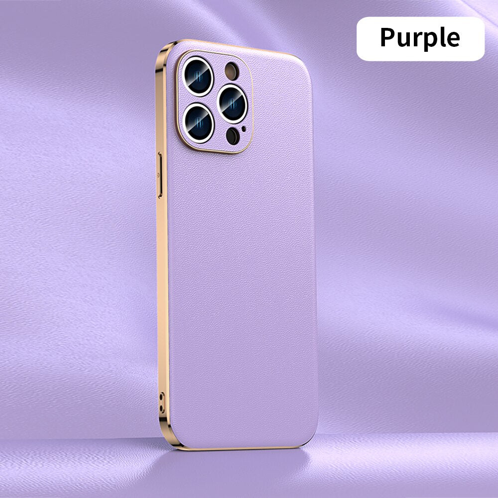 LNAGSIDI Luxury Plating Genuine leather Case For iPhone 14 Pro Max 14 Plus 11 12 13 Pro Cases Lens Protection Covers fundas capa