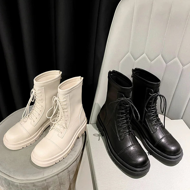 2023 Autumn/Winter New Round Toe Thick Sole Boots Front Lace up Mid Sleeve Elastic Fashion Motorcycle Boots Women's Shoes