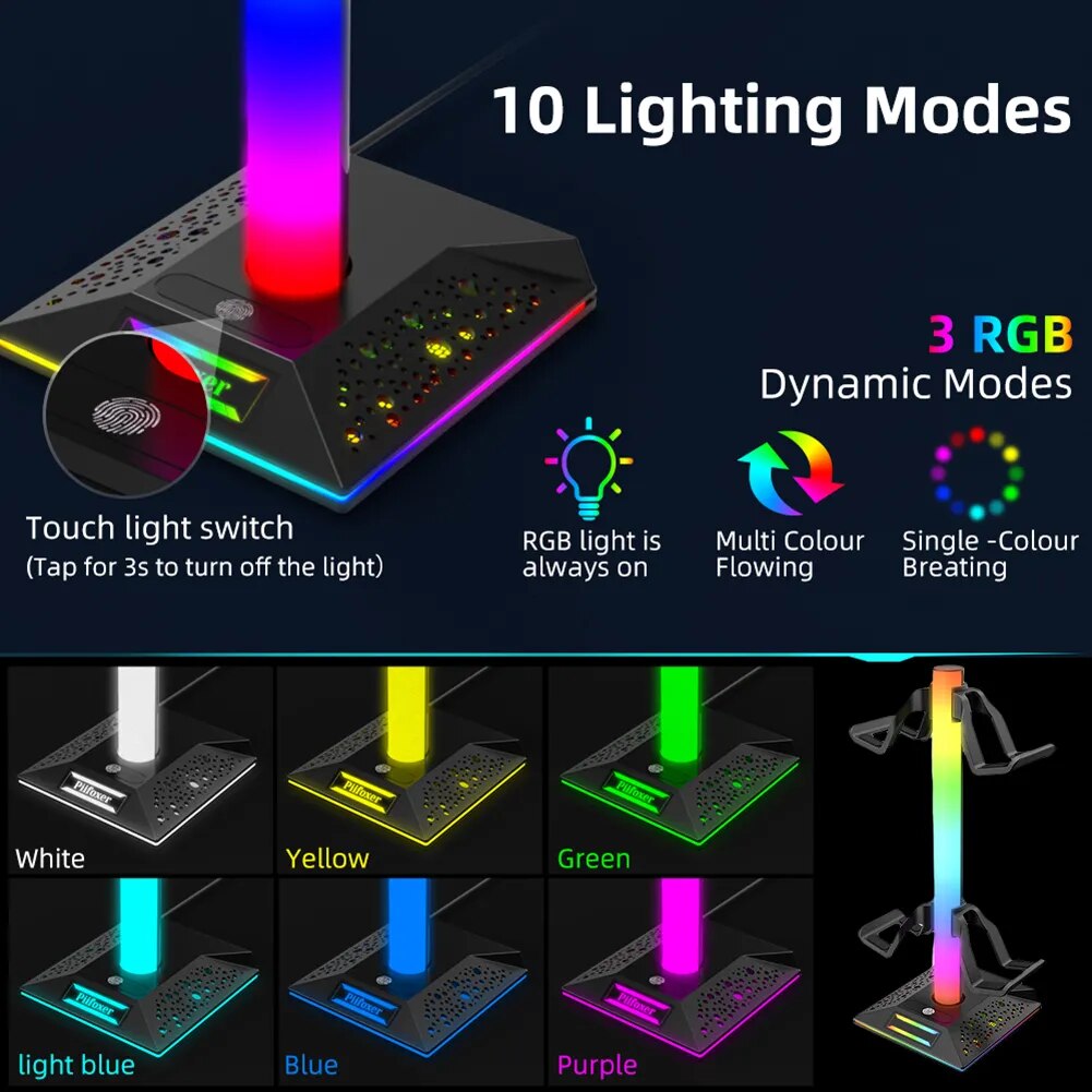 RGB Lights Headphone Stand LED Light Computer Desktop Display Holder with Dual USB Ports Charging Headphone Holder for Gaming PC