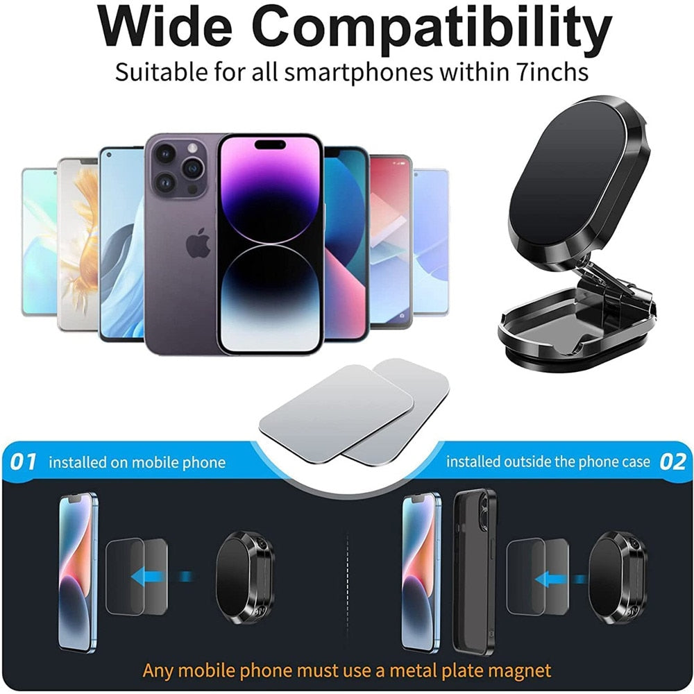 Metal Magnetic Car Mobile Phone Holder Folding Magnet Cell Phone Stand in Car GPS Support For iPhone Xiaomi 360° Rotatable Mount