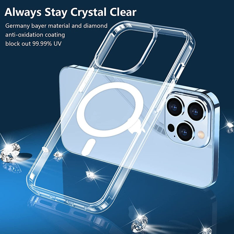 Magsafe Magnetic Wireless Charging Clear Phone Case for iPhone 14 13 12 11 Pro Max Mini X XS XR 7 8 Plus Hard Shockproof Cover