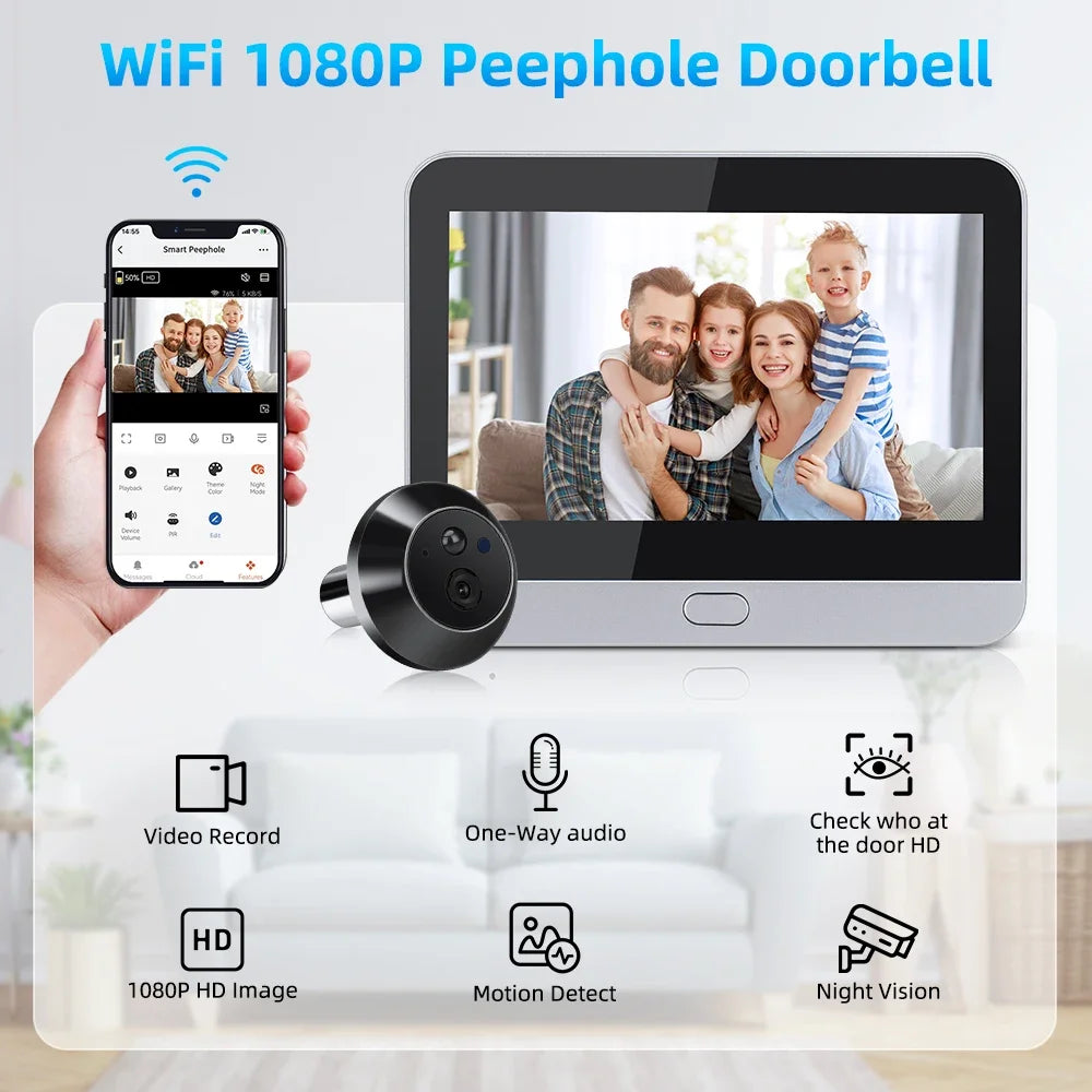 WSDCAM 4.3In LCD WiFi Video Doorbell Motion Detection Smart Peephole Camera 120° Wide Angle Digital Peephole Viewer Night Vision