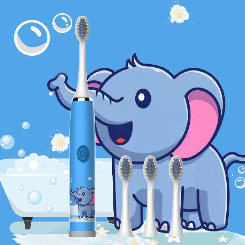 Child's USB Sonic  Electric Toothbrush Rechargeable Colorful Cartoon Brush Kids Automatic IPX7 Waterproof With Replacement Heads