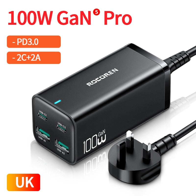 Rocoren GaN 100W Desktop Charger Quick Charge 4.0 QC 5.0 3.0 PD USB-C Type C USB Fast Charging For MacBook Samsung iPhone Laptop