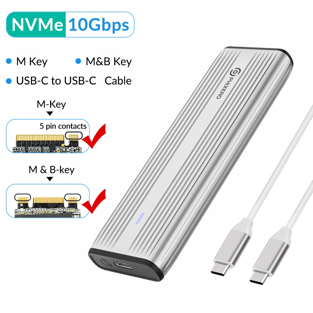 PHIXERO M.2 NVMe SATA SSD Enclosure Dual Portocol NVMe to USB Adapter 10Gbps USB 3.1 Gen2 USB C External Case Box Aluminum alloy