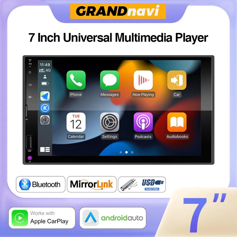 GRANDnavi 2 Din CarPlay Android Auto Mirrorlink Car Radio Auto 7 Inch Radio Multimedia Player MP5 Audio Bluetooth FM Head Unit