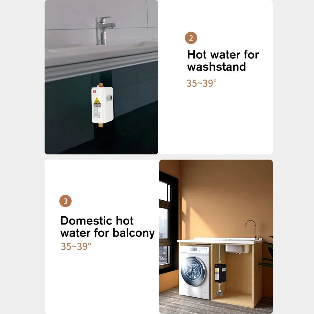 Mini Electric Water Heater, 3000W Instant Tankless Hot Water Heater, Under Sink Water Heater for Kitchen Bathroom Washing