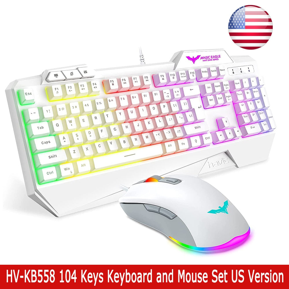 HAVIT KB558 Wired Gaming Keyboard Mouse Kit RGB Backlight 104 Keys with Wrist Rest US UK German Layout Keyboard For PC Laptop