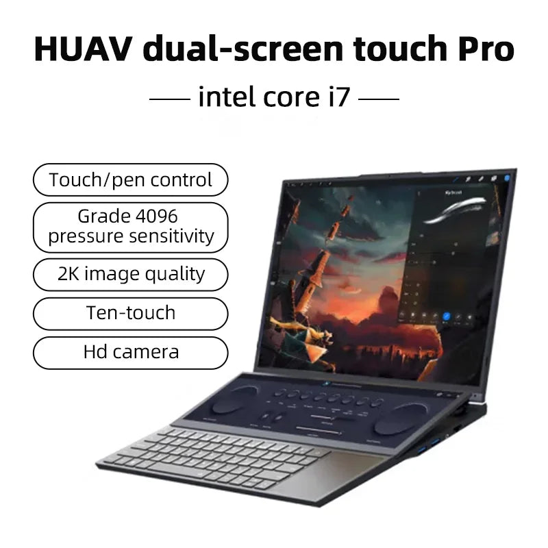 HUAV Dual Screen Gaming Laptops 16 Inch  LCD Screen + 14 Inch Touch Screen Intel Core I7-10750H Notebook Computer