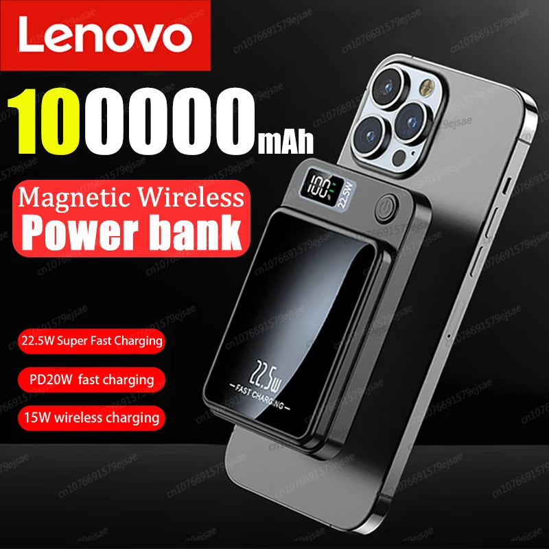Lenovo 100000mAh Wireless Power Bank Magnetic Qi Portable Powerbank 22.5W Fast Charger For iPhone15 14 13 Samsung Fast Charging