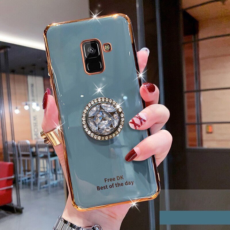 For Samsung Galaxy A5 A8 Plus A6 Plus J8 2018 Electroplated  Phone Case Bling Crystal Holder Cover Soft TPU Back Cover