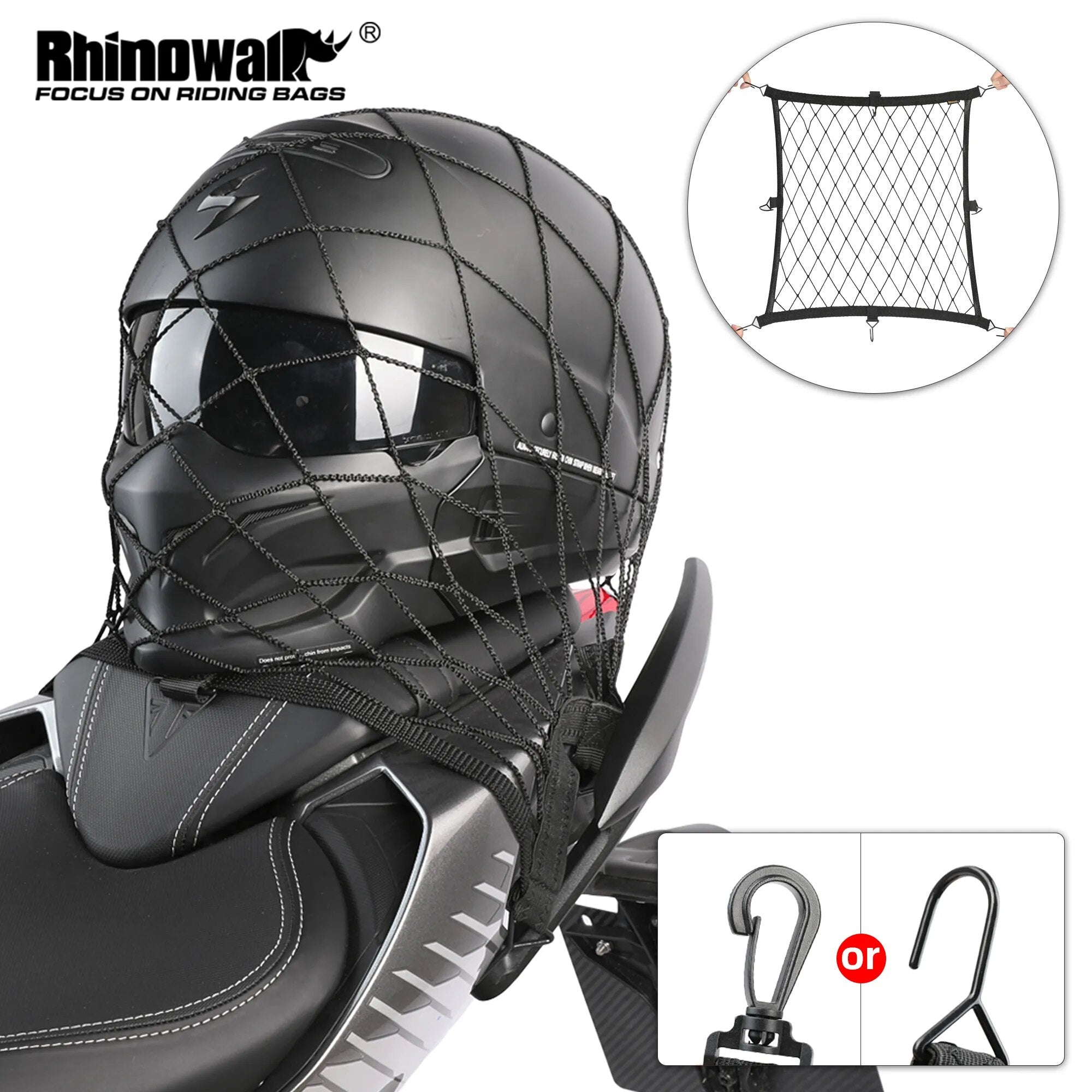 Rhinowalk Motorcycle Helmet Net Bag 8 Plastic/Metal Hooks Motorbike Luggage Trunk Bag Net Holder Mesh Storage Motor Accessories