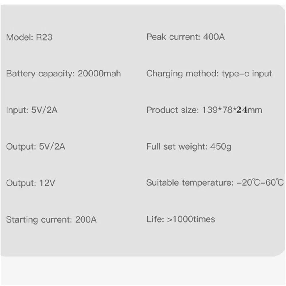 20000mAh High Power Car Battery Jump Starter Portable Car Battery Booster Charger Booster Power Bank Starting Device USB Port