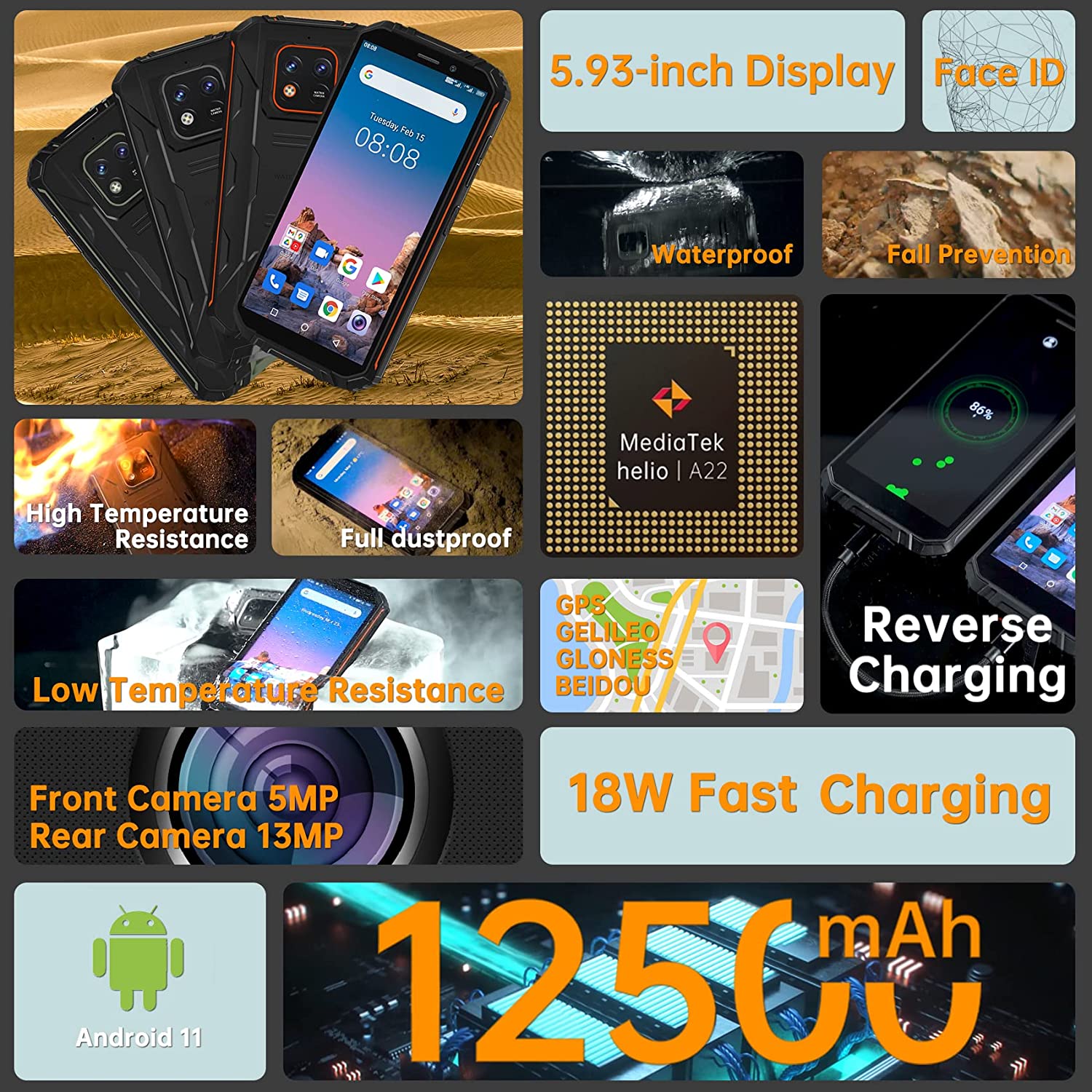 Oukitel 12500mAh Battery Smartphone 4G RAM 32G ROM 5.93 Inch Android 11 Mobile Phone 13MP Quad Core Rugged Cellphone