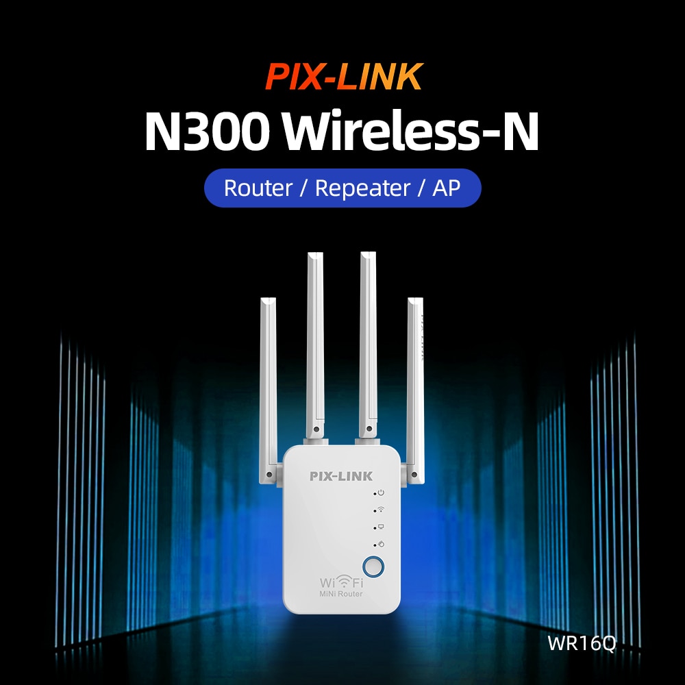 PIXLINK WiFi Repeater Wireless Router Pro 300Mbps 4 Antenna Extender Amplifier Repeator Signal Cover Range WR16Q