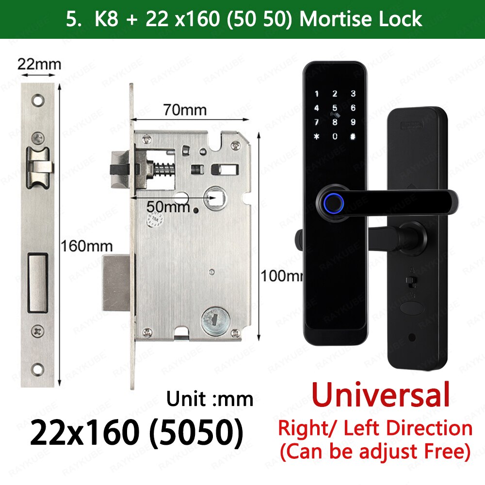 2023 NEW RAYKUBE K8 Tuya Wifi Smart Door Lock TT Lock Fingerprint Lock Digital Electric Lock With Longer Larger Handle Panels