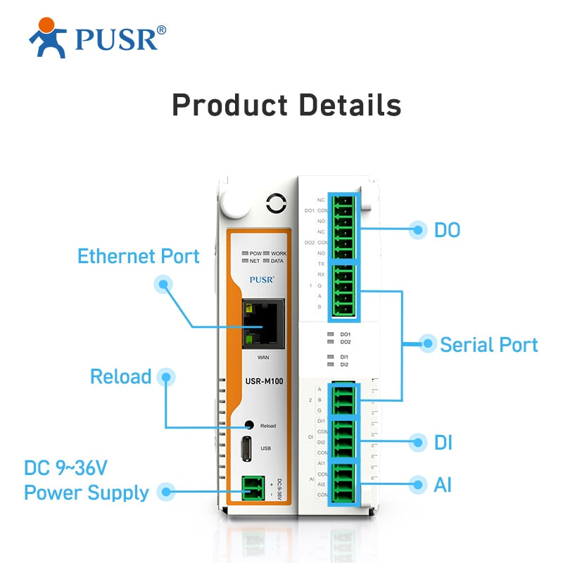 PUSR USR-M100-ETH Industrial Remote IoT Edge Computing IO Gateway 4g modem IO Controller MQTT/ SSL Modbus RTU to TCP Gateway