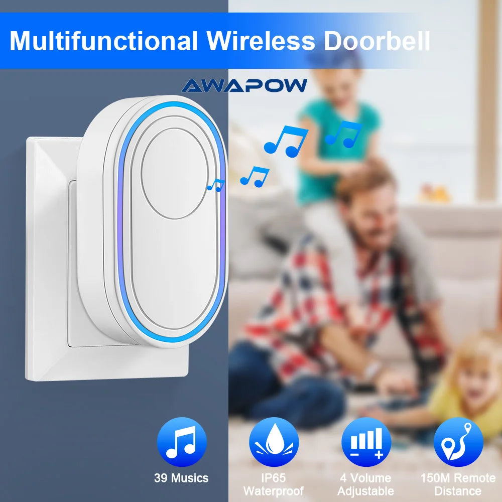 Awapow IP65 Waterproof Wireless Doorbell Smart Home Outdoor Door Bell 39 Ringtone 4 Volume Adjustable LED Flash Security Alarm