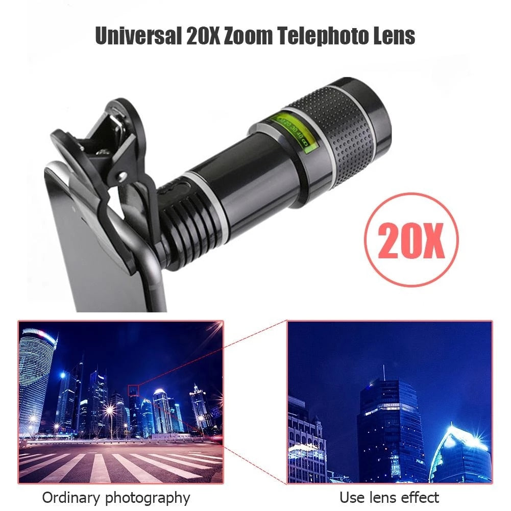 Universal 20X Zoom Telephoto Len Portable External Mobile Phone Optical Camera Lens with Clip for Smartphone Accessory