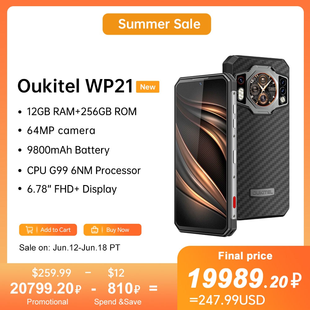 Oukitel WP21 Rugged Phone Night Vision Mobile Phone,9800 mAh, 12GB+256 GB, 64MP Camera, 66W, 120 Hz  Helio G99