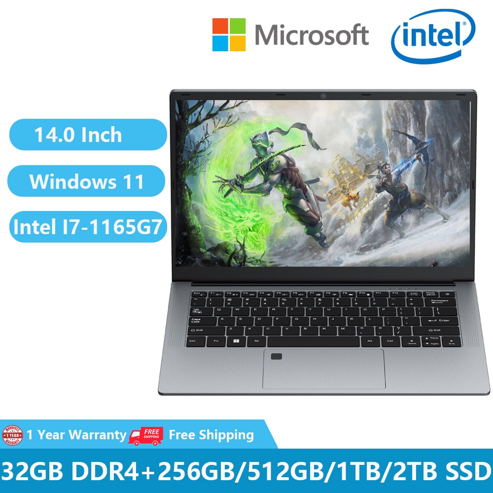 Portable Laptops Gaming I7 Computer PC Business Netbook Notbook Windows 11 14 inch Intel Core I7-1165G7 32GB RAM +2TB M.2 Leptop