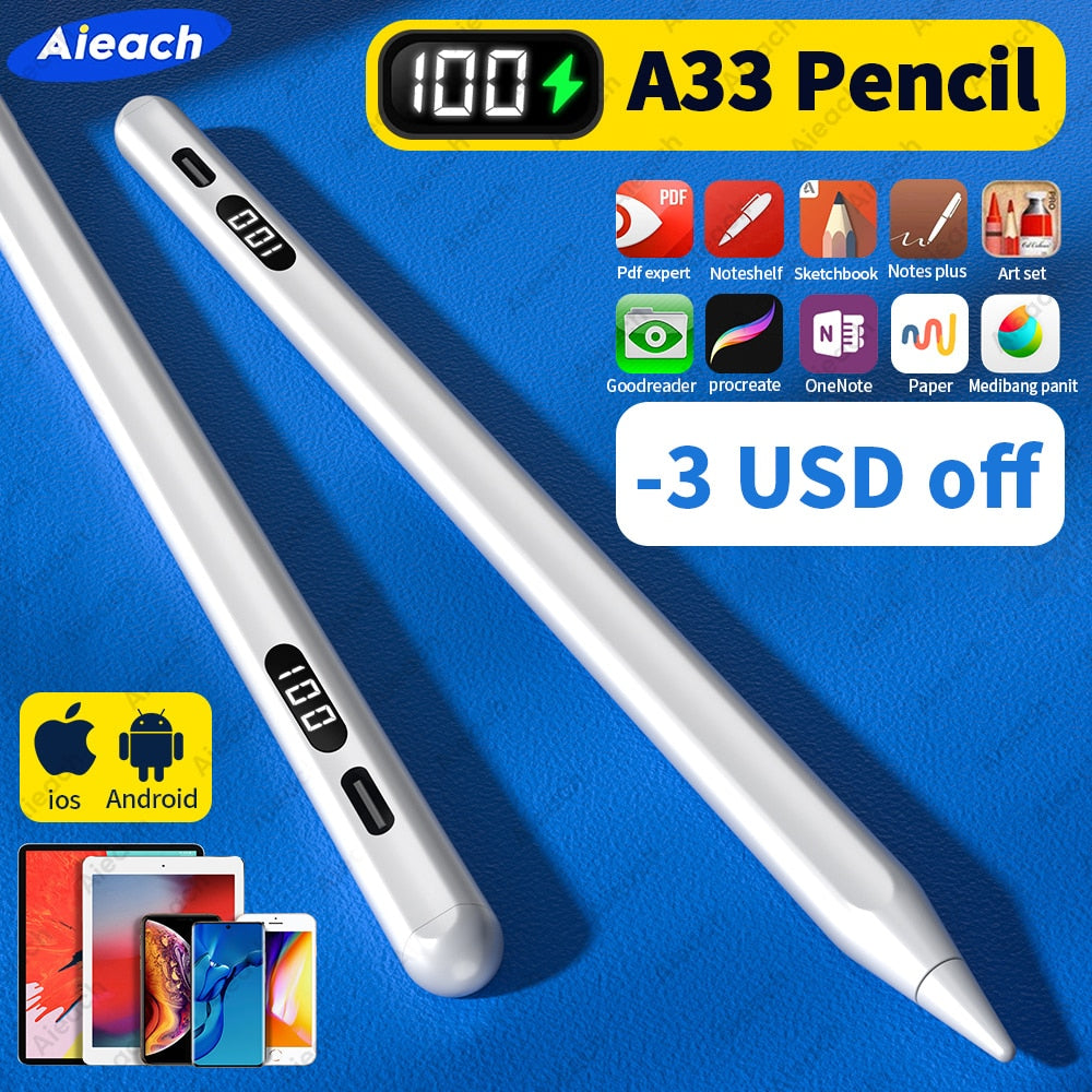 Aieach A33 Universal Stylus Pen For Tablet Phone Android IOS Touch Pen For iPad Pencil Apple Pencil 2 With Digital Power Display