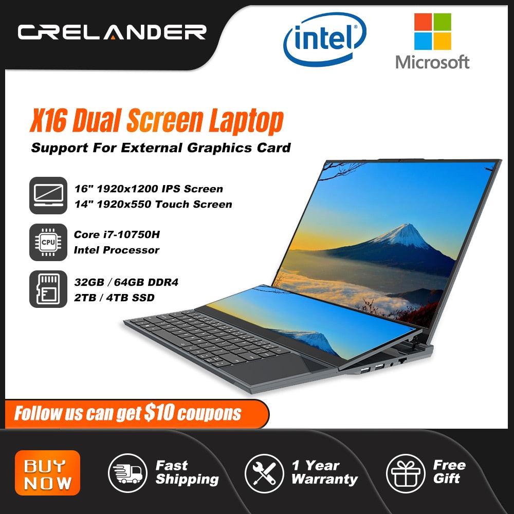 CRELANDER Dual Screen Laptop 16 Inch 2K LCD + 14 Inch Touch Screen Core i7 10750H 64GB RAM Zenbook Duo Laptop Gaming Notebook