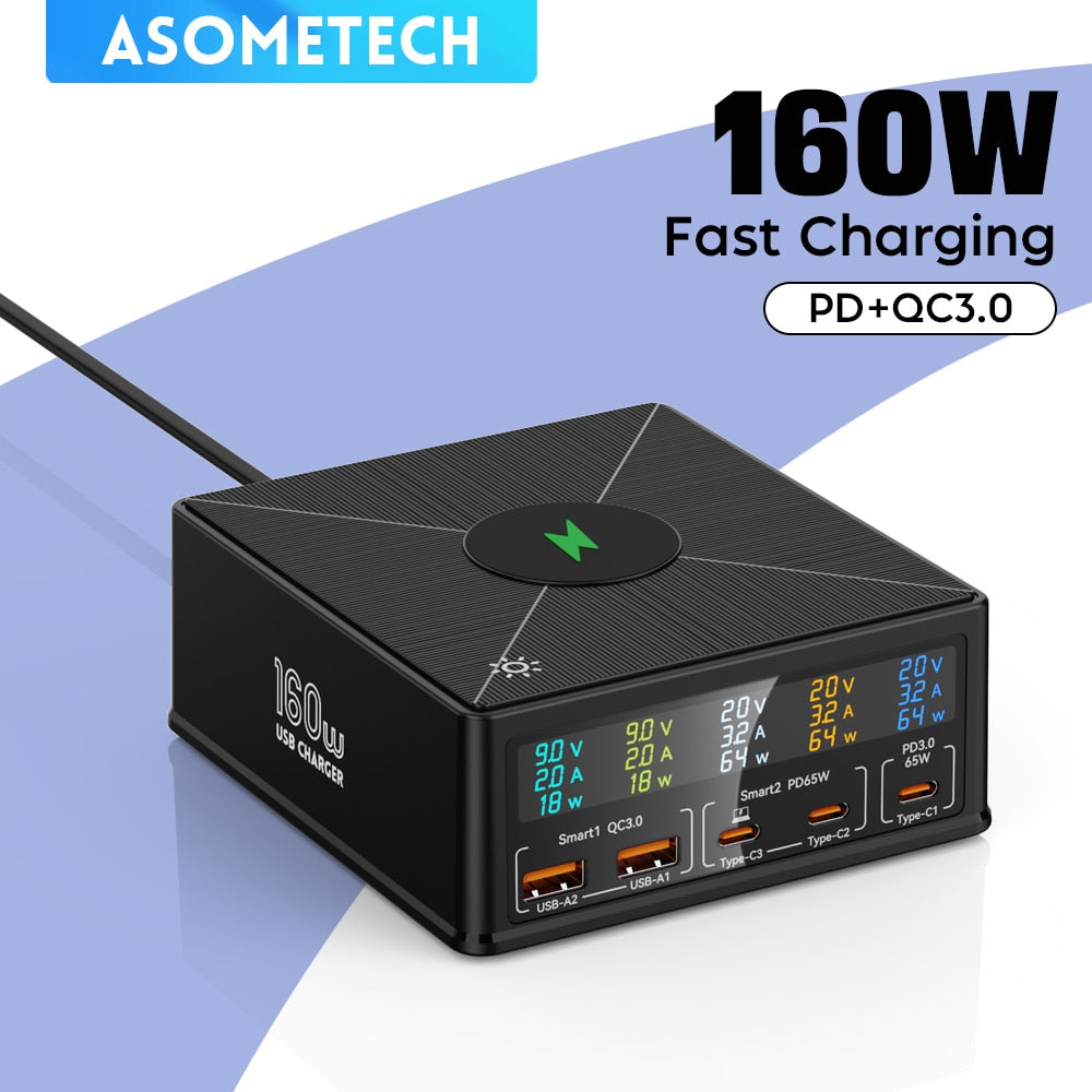 160W GaN USB Type C Phone Fast Charge Wireless Charger PD QC4.0 Quick Charger Station For iPhone 14 iPad Samsung Macbook Laptop