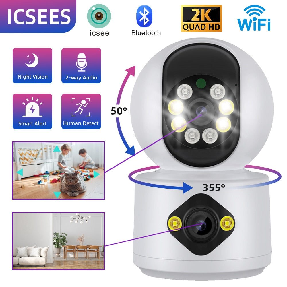 ICSee Indoor Wifi Camera Smart Wireless Baby Monitors Dual Lens IP Surveillance Camera 2K Pet Monitor Night Vision Home Security