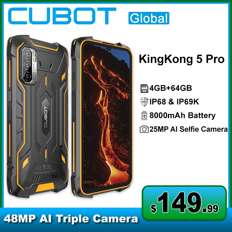 Cubot KingKong 5 Pro Rugged Smartphone 6.088" IP68/IP69K 8000mAh Cellphone Android 11 OS 48MP Triple Camera 4GB+64GB Phone