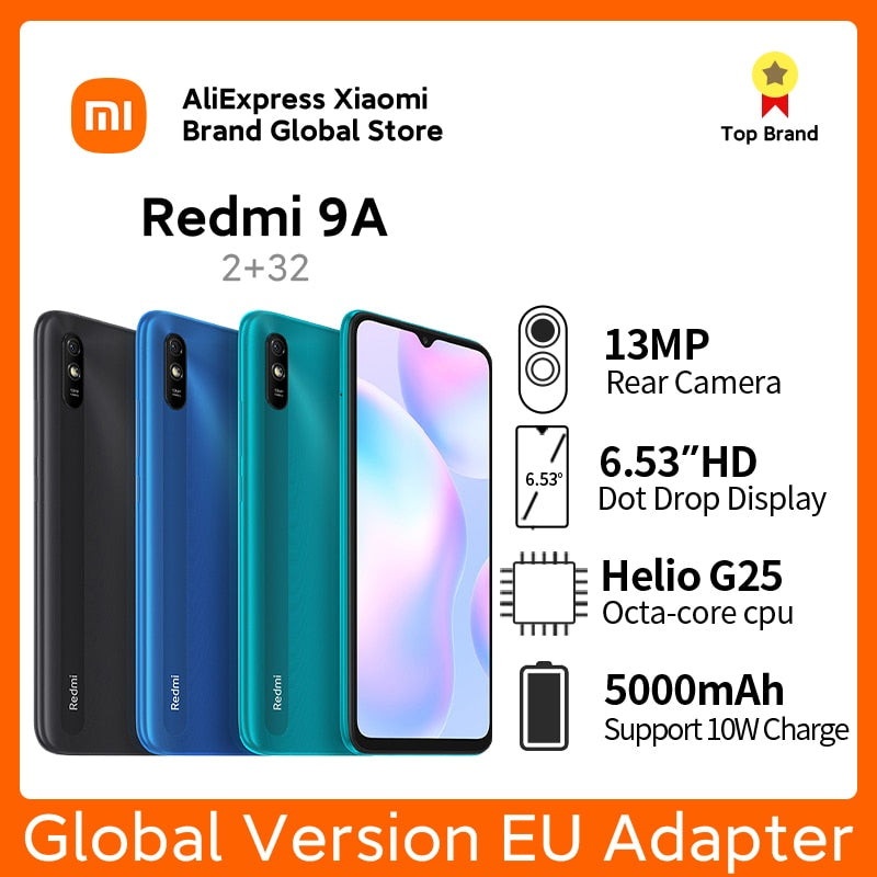 Global Version Xiaomi Redmi 9A 2GB 32GB Smartphone Cell Phone 6.53"  5000mAh MTK Helio G25 Octa Core 13MP AI Camera LCD