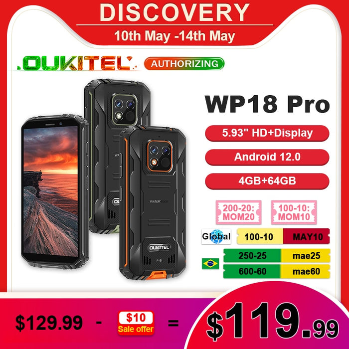 World Premiere OUKITEL WP18 Pro Rugged Phone 12500mAh Android 12 4GB+64GB Mobile Phone 5.93'' HD+ Display 13MP Camera Smartphone