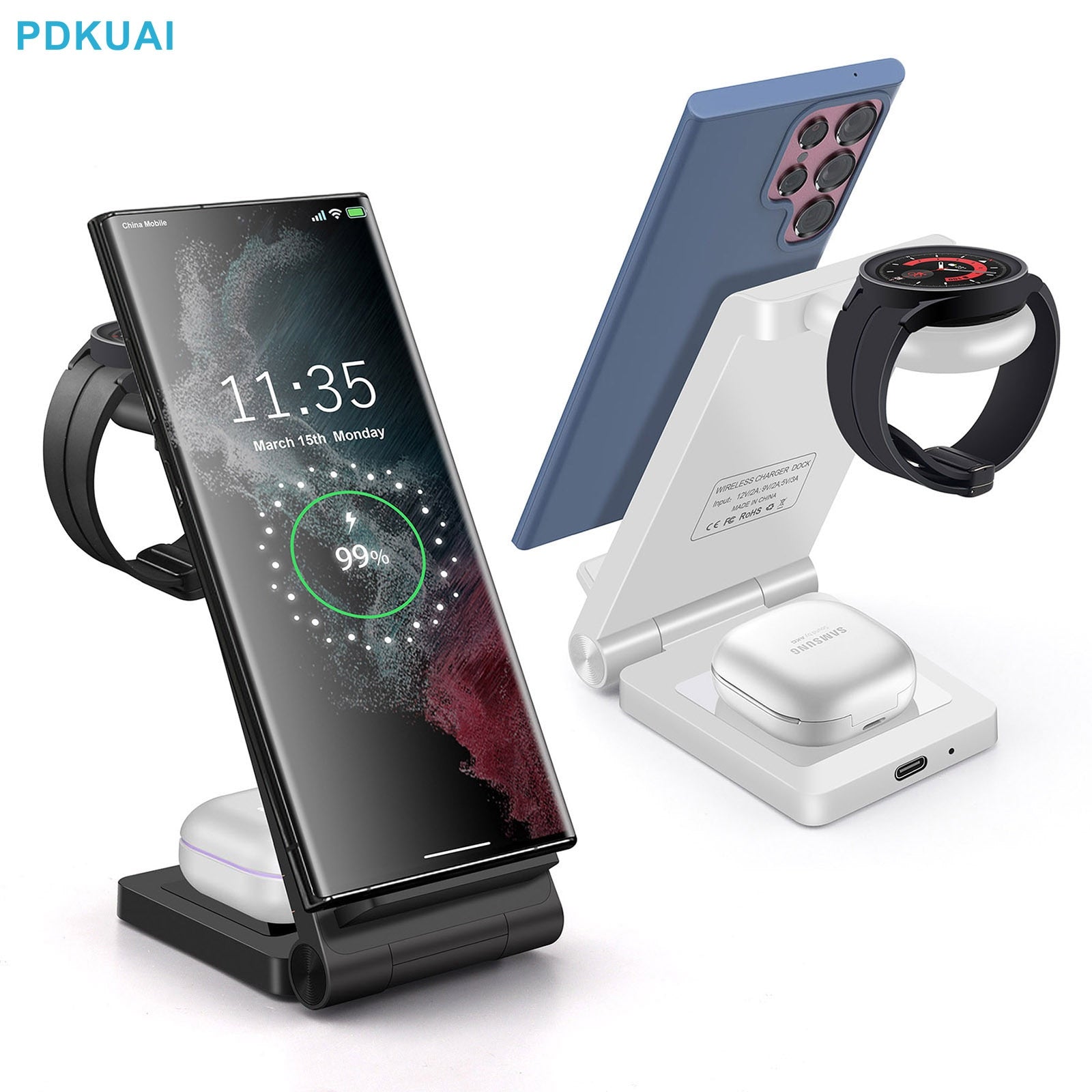 25W 3 in 1 Wireless Charger Stand for Samsung Galaxy Flip 4/S22 Ultra/S21/S20/S10 Galaxy Watch 5 4 Active 2 Buds Fast Charging