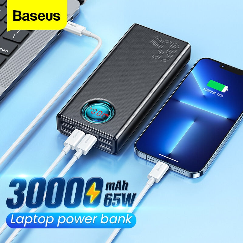 Baseus PD 65W Power Bank 30000mAh Fast Charging External Battery Portable Charger PowerBank For MacBook Pro Laptop iPhone Xiaomi