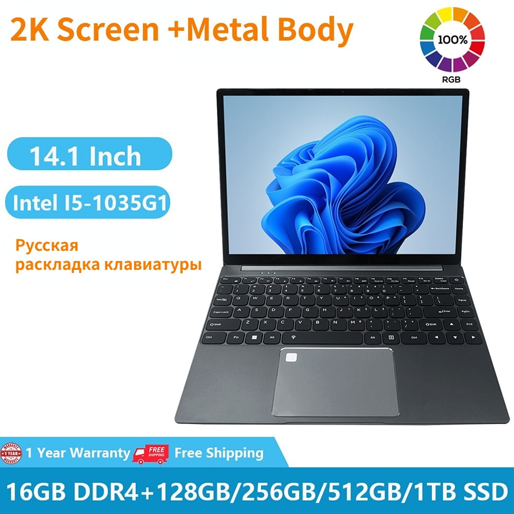 2023 Portable Laptop Gaming Office Business Metal Notebooks Windows 11 14.1" 2160*1440 Intel Core I5-1035G1 16GB RAM+1TB Netbook