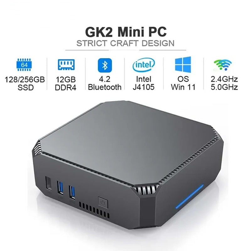 GK2 Mini PC Windows 11 CPU Intel Celeron J4105 Quad-Core 2.4G/ 5G Dual WiFi BT 4.2 HDMI Gigabit Internet Computer Desktop Gaming
